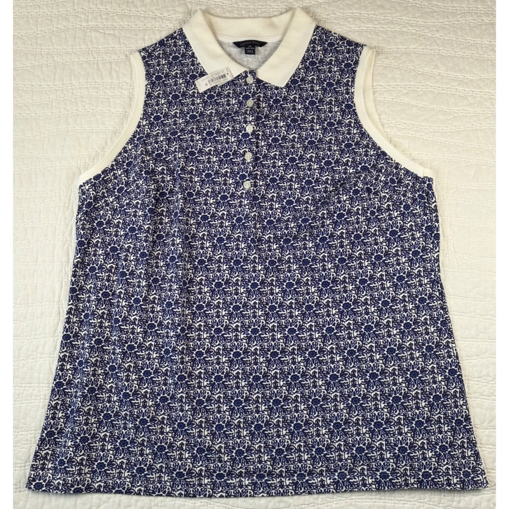 NEW Lands End Sleeveless Supima Cotton Polo Shirt Navy Floral 1X Layering Preppy